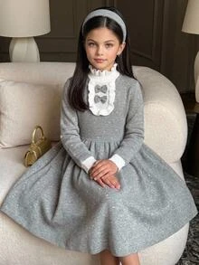 SHEIN Tween Girl Color Block Kids Ruffle Collar Cinched Waist White Heart Print Long Sleeve Grey Autumn/Winter Dress Back To School - Grey - View 8