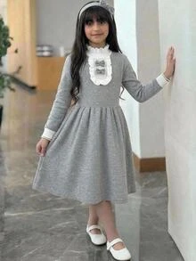 SHEIN Tween Girl Color Block Kids Ruffle Collar Cinched Waist White Heart Print Long Sleeve Grey Autumn/Winter Dress Back To School - Grey - View 7