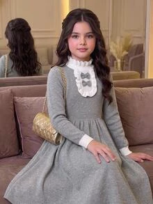 SHEIN Tween Girl Color Block Kids Ruffle Collar Cinched Waist White Heart Print Long Sleeve Grey Autumn/Winter Dress Back To School - Grey - View 1