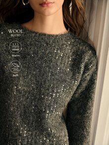 MOTF PREMIUM ELEGANT FASHION TEXTURED BEADED EMBROIDERED BLENDED FABRIC WOMEN'S AUTUMN/WINTER SWEATER TOP - Dark Grey - View 2