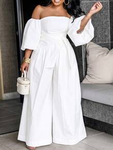 SHEIN BamGlam Mono ancho de pierna suelta con mangas abullonadas y hombros descubiertos para mujer, adecuado para vacaciones y ocasiones formales como banquetes - Blanco - Ver 3
