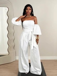 SHEIN BamGlam Mono ancho de pierna suelta con mangas abullonadas y hombros descubiertos para mujer, adecuado para vacaciones y ocasiones formales como banquetes - Blanco - Ver 8