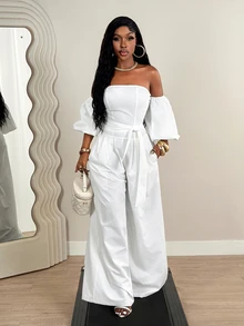 SHEIN BamGlam Mono ancho de pierna suelta con mangas abullonadas y hombros descubiertos para mujer, adecuado para vacaciones y ocasiones formales como banquetes - Blanco - Ver 6