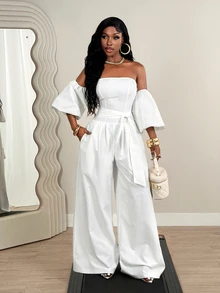 SHEIN BamGlam Mono ancho de pierna suelta con mangas abullonadas y hombros descubiertos para mujer, adecuado para vacaciones y ocasiones formales como banquetes - Blanco - Ver 7
