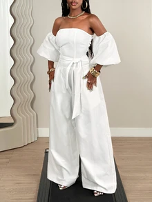 SHEIN BamGlam Mono ancho de pierna suelta con mangas abullonadas y hombros descubiertos para mujer, adecuado para vacaciones y ocasiones formales como banquetes - Blanco - Ver 10