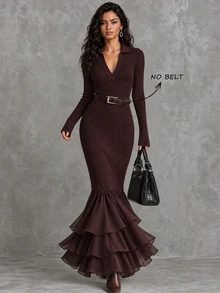 LUMIGAL Women's Solid Color Elegant Waist-Cinching Knit Dress For Party And Gathering - Khaki - View 7