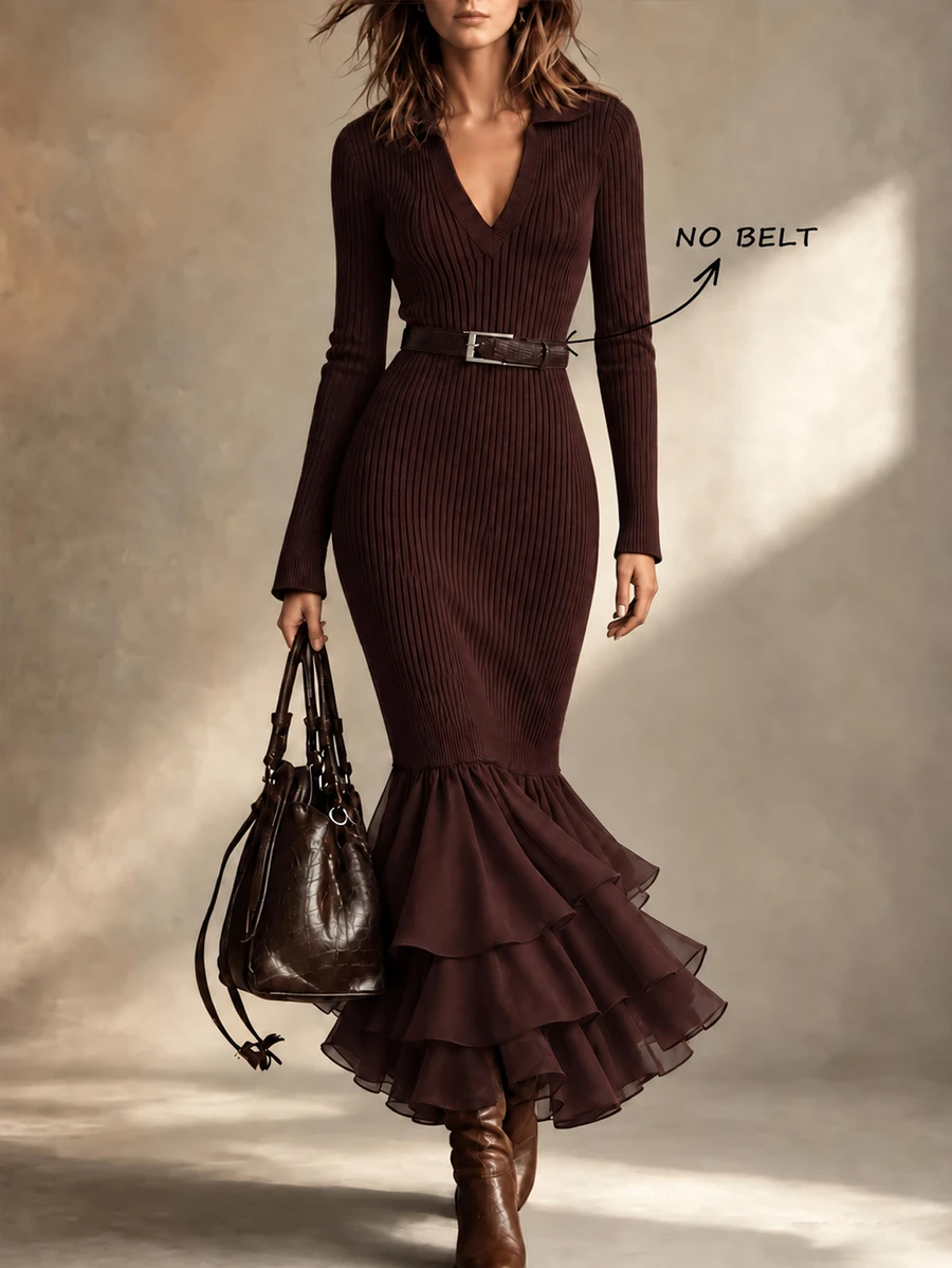 LUMIGAL Women's Solid Color Elegant Waist-Cinching Knit Dress For Party And Gathering - Khaki - View 1