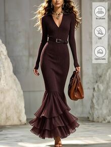 LUMIGAL Women's Solid Color Elegant Waist-Cinching Knit Dress For Party And Gathering - Khaki - View 6