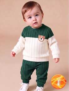 SHEIN Playful Pals 2pcs Toddler Boy Sweatshirt Pants Cute Preppy Dark Green White Bear Patch Ribbed Color Block Long Sleeve Round Neck Outdoor Autumn Fall Winter Plush - Dark Green - View 2