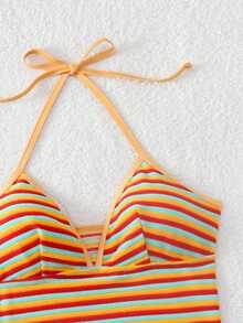Swim Mod Women's Pride Month Multicolor Striped Bikini Set,Orange Summer Beach Vacation Casual Two Pieces Swimwear Fabric Bathing Suit For Party Tanning - Multicolor - View 4
