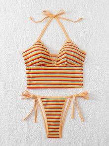 Swim Mod Women's Pride Month Multicolor Striped Bikini Set,Orange Summer Beach Vacation Casual Two Pieces Swimwear Fabric Bathing Suit For Party Tanning - Multicolor - View 3