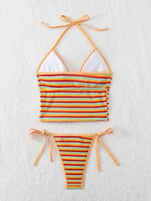 Swim Mod Women's Pride Month Multicolor Striped Bikini Set,Orange Summer Beach Vacation Casual Two Pieces Swimwear Fabric Bathing Suit For Party Tanning - Multicolor - View 2