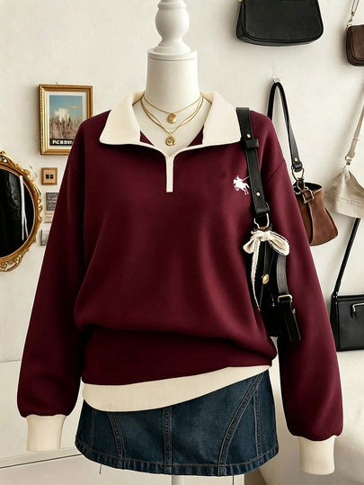 Lalippa Women's Burgundy Colorblock Polo Half-Zip Sweatshirt, Autumn Loose Casual Pullover Top With Pony Logo And Turn-Down Collar