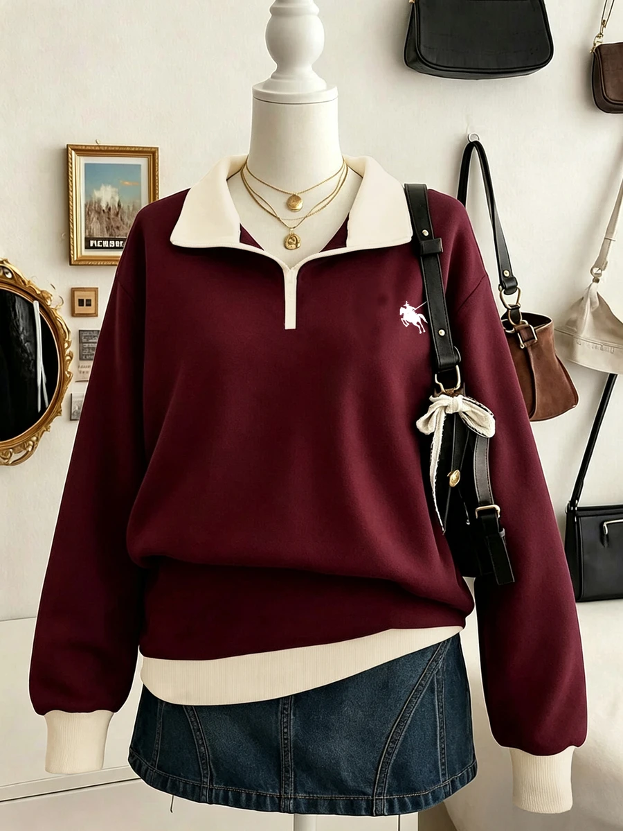 Lalippa Women's Burgundy Colorblock Polo Half-Zip Sweatshirt, Autumn Loose Casual Pullover Top With Pony Logo And Turn-Down Collar - Multicolor - View 1
