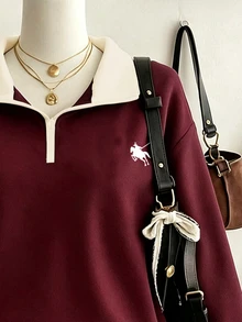 Lalippa Women's Burgundy Colorblock Polo Half-Zip Sweatshirt, Autumn Loose Casual Pullover Top With Pony Logo And Turn-Down Collar - Multicolor - View 3