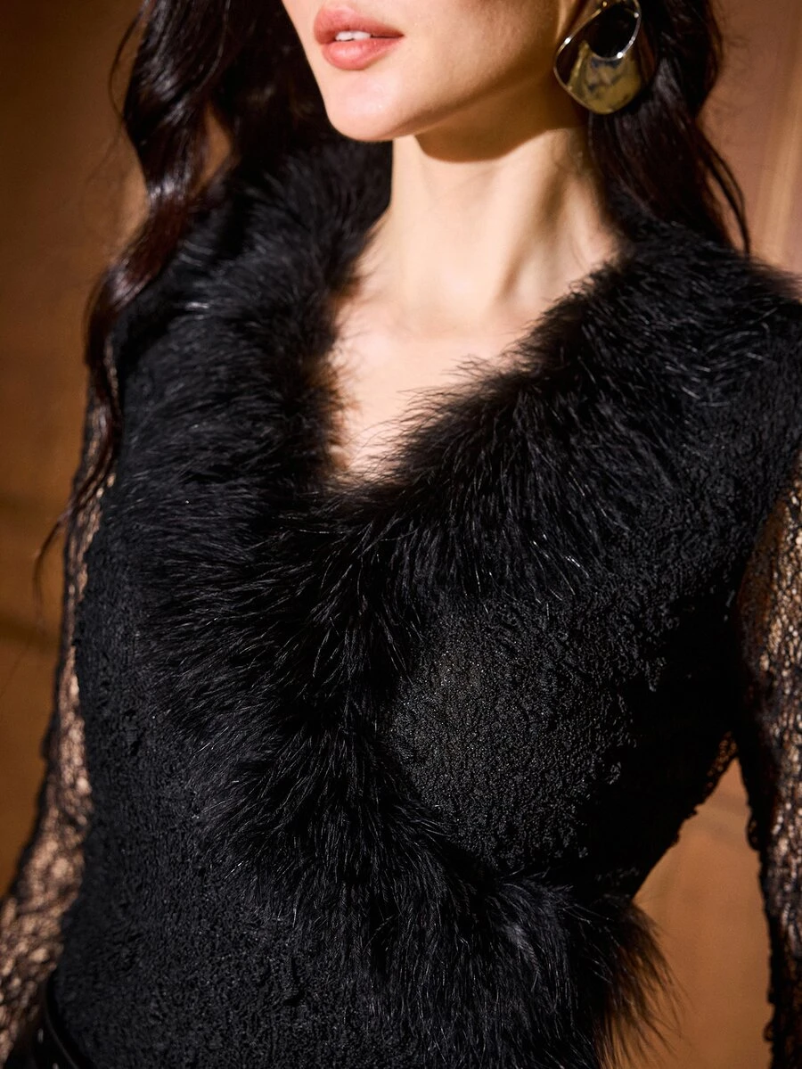 MOTF PREMIUM WOMEN'S AUTUMN/WINTER FUR COLLAR LACE CRISS-CROSS NECK LONG SLEEVE TOP - Black - View 1