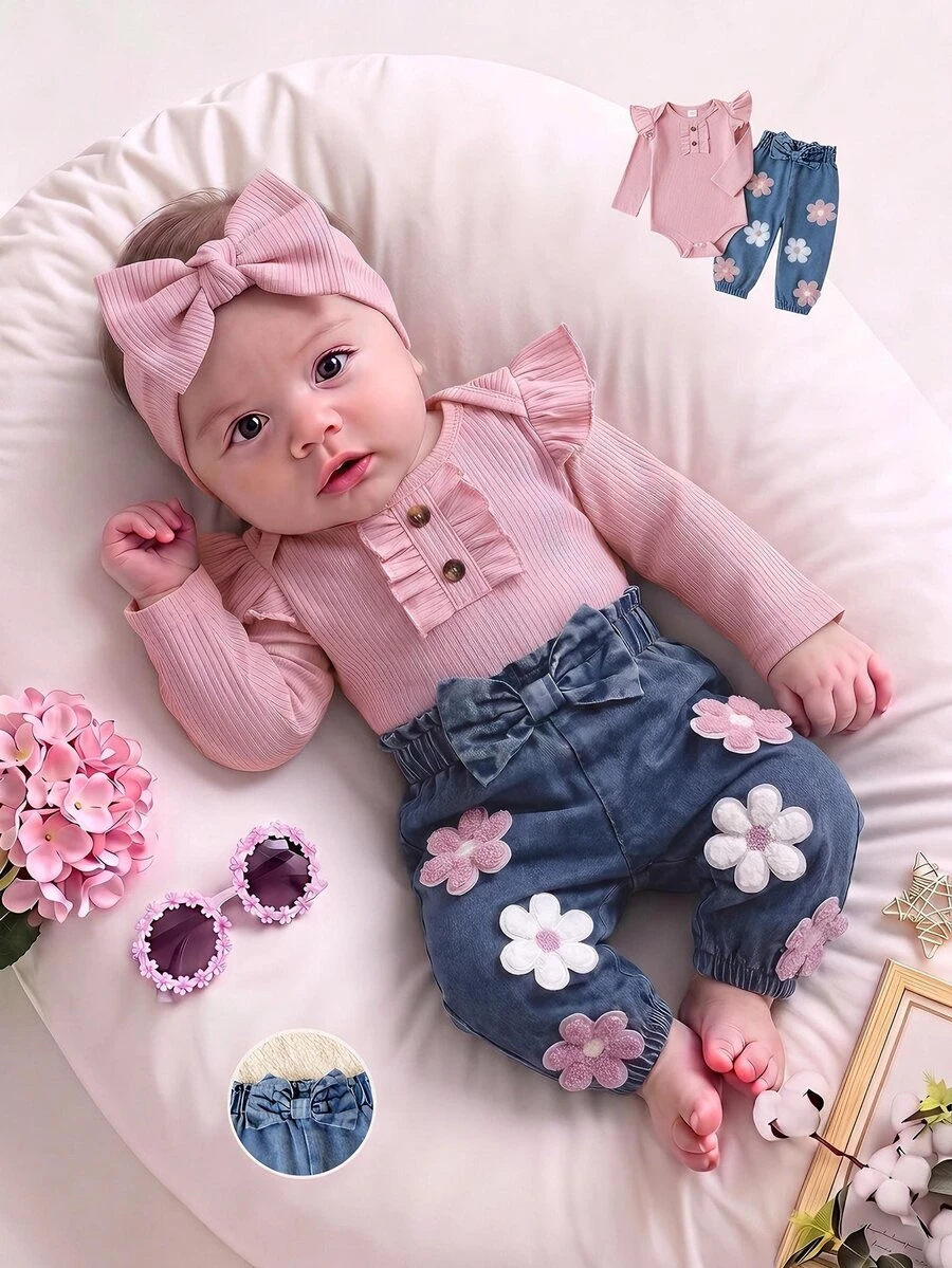SHEIN 2pcs Purple Baby Girl Sweet Flower Bow Paperbag Waist Flutter Sleeve Bodysuit Pants Set Fall - Pink - View 1