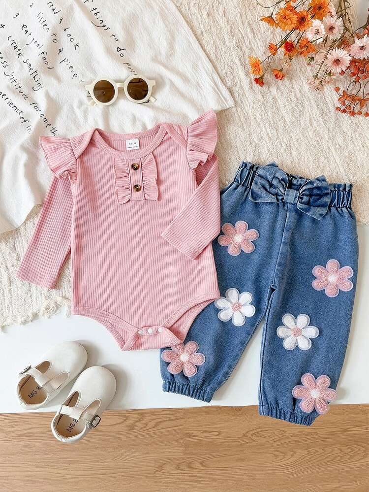 SHEIN 2pcs Purple Baby Girl Sweet Flower Bow Paperbag Waist Flutter Sleeve Bodysuit Pants Set Fall - Pink - View 3