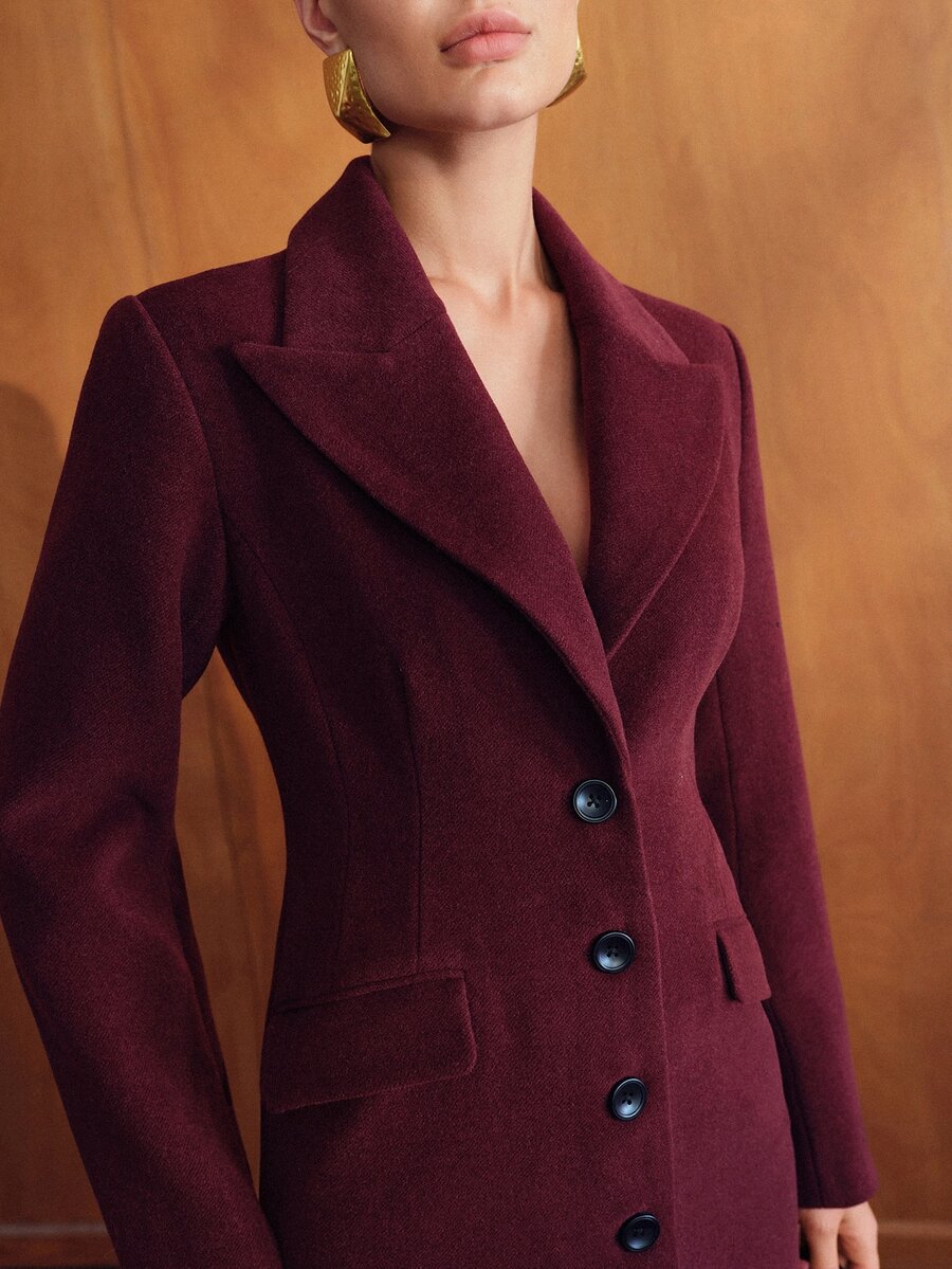 MOTF PREMIUM WOMEN'S SINGLE-BREASTED WIDE SHOULDER CINCHED WAIST MID-LENGTH OVERCOAT, AUTUMN/WINTER - Burgundy - View 2