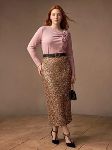 MOTF PREMIUM PLUS SIZE WOMEN'S 3D FLORAL RUCHED KNIT ELASTIC T-SHIRT FALL - Pink - View 4