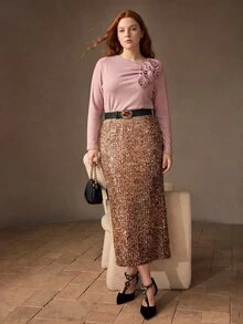MOTF PREMIUM PLUS SIZE WOMEN'S 3D FLORAL RUCHED KNIT ELASTIC T-SHIRT FALL - Pink - View 6
