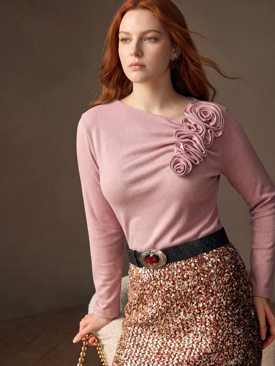 MOTF PREMIUM PLUS SIZE WOMEN'S 3D FLORAL RUCHED KNIT ELASTIC T-SHIRT FALL - Pink - View 2