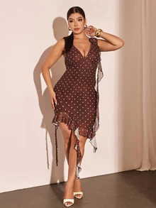 Cravure Plus Size Women's Brown White Polka Dot Summer Party Formal Cocktail Dress, 3D Floral Deep V-Neck Backless Mesh Patchwork High Slit Asymmetric Ruffle - Multicolor - View 4