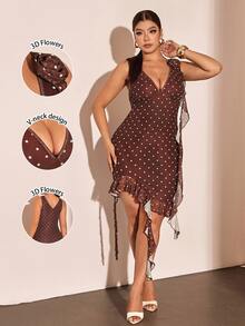 Cravure Plus Size Women's Brown White Polka Dot Summer Party Formal Cocktail Dress, 3D Floral Deep V-Neck Backless Mesh Patchwork High Slit Asymmetric Ruffle - Multicolor - View 1