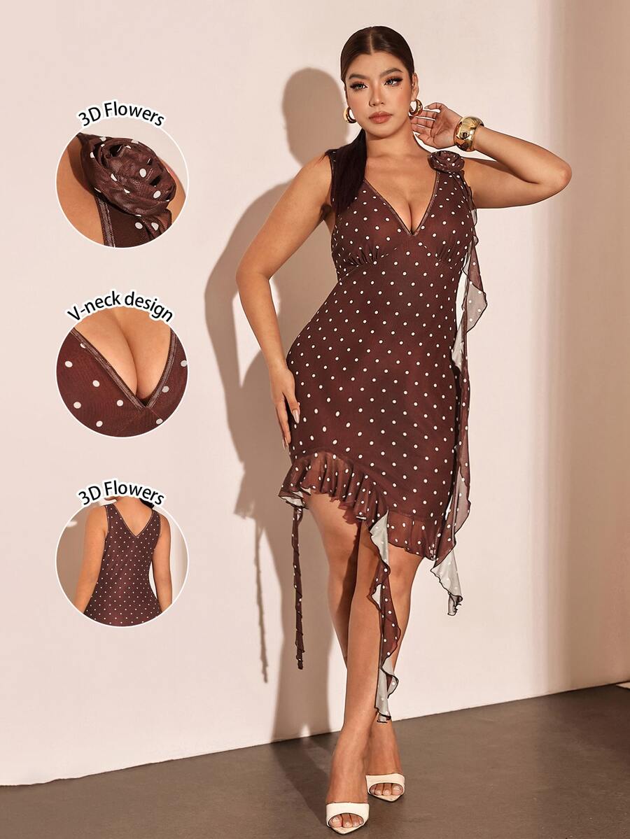 Cravure Plus Size Women's Brown White Polka Dot Summer Party Formal Cocktail Dress, 3D Floral Deep V-Neck Backless Mesh Patchwork High Slit Asymmetric Ruffle - Multicolor - View 1