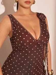 Cravure Plus Size Women's Brown White Polka Dot Summer Party Formal Cocktail Dress, 3D Floral Deep V-Neck Backless Mesh Patchwork High Slit Asymmetric Ruffle - Multicolor - View 6