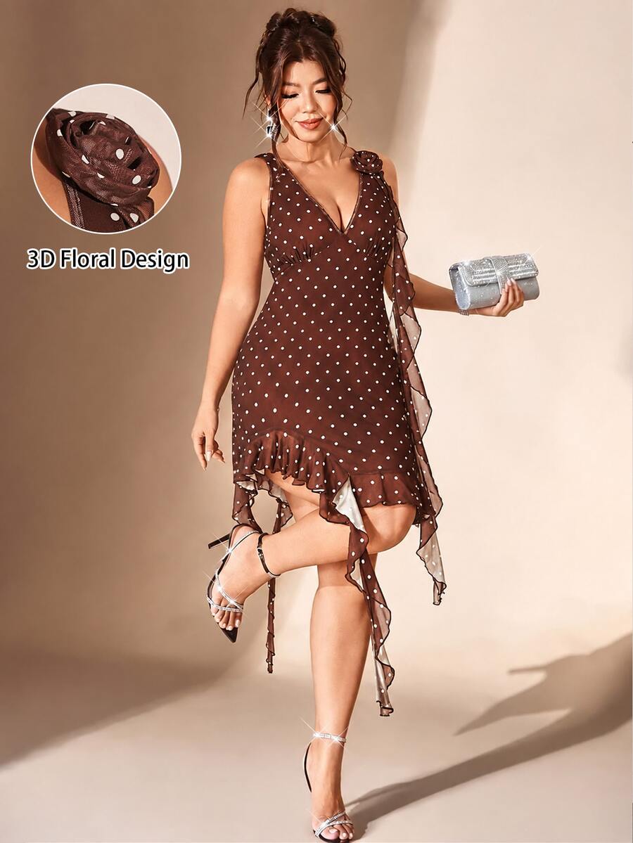 Cravure Plus Size Women's Brown White Polka Dot Summer Party Formal Cocktail Dress, 3D Floral Deep V-Neck Backless Mesh Patchwork High Slit Asymmetric Ruffle - Multicolor - View 1