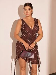 Cravure Plus Size Women's Brown White Polka Dot Summer Party Formal Cocktail Dress, 3D Floral Deep V-Neck Backless Mesh Patchwork High Slit Asymmetric Ruffle - Multicolor - View 9