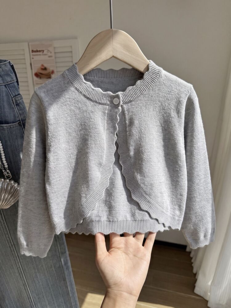 SHEIN Elladie kids Young Girls Solid Color Casual Versatile Daily Wear Cardigan - Grey - View 9