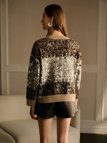 MOTF PREMIUM WOMEN'S AUTUMN/WINTER GRADIENT SEQUIN ROUND NECK PULLOVER KNIT SWEATER - Brown - View 3