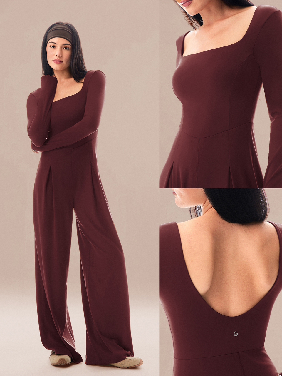ButterFit Sunproof Work And Flow Square Neck Open U-Back Wide Leg Long Sleeve Bodysuit With Thumbholes Daily Casual Wear Removable Cups