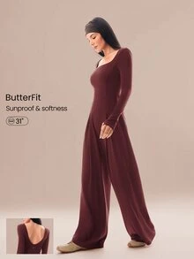 GLOWMODE Bodysuit FeatherFit™-Air Tahan Sinar Matahari untuk Kerja dan Aktivitas Sehari-hari, Leher Persegi, Punggung Terbuka Bentuk U, Kaki Lebar, Lengan Panjang, dengan Lubang Jempol, Pakaian Kasual Sehari-hari, Bantalan Dada yang Dapat Dilepas - Burgundy - View 1