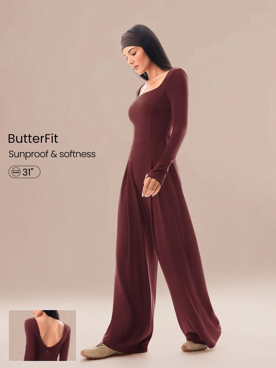 GLOWMODE Bodysuit FeatherFit™-Air Tahan Sinar Matahari untuk Kerja dan Aktivitas Sehari-hari, Leher Persegi, Punggung Terbuka Bentuk U, Kaki Lebar, Lengan Panjang, dengan Lubang Jempol, Pakaian Kasual Sehari-hari, Bantalan Dada yang Dapat Dilepas - Burgundy - View 1