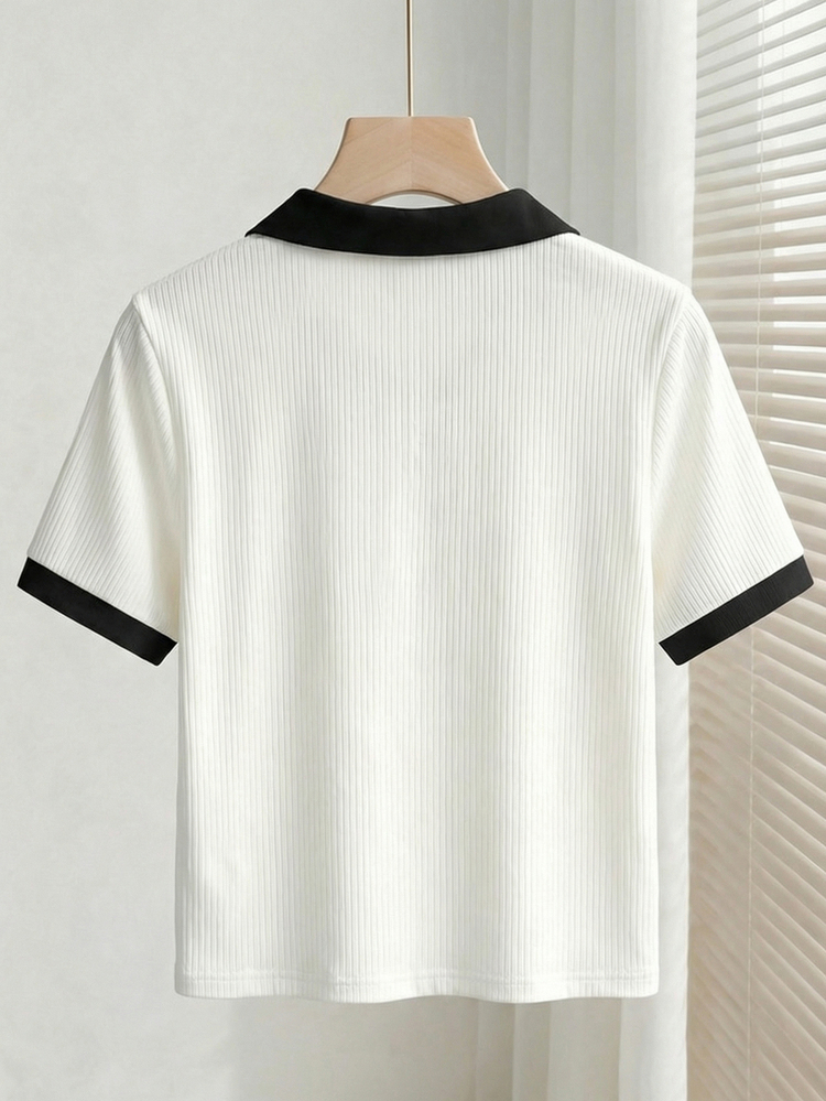 Franclia Polo Collar Knit Top,Elegant Black And White Summer Short-Sleeved Top,Decorative Button-Down Korean Style,Old-Money School Back-To-School Office Wear - Black and White - View 2