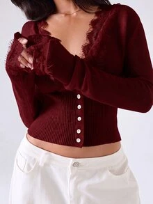 LYSMO Burgundy Plus Size Women Autumn/Winter Beige Long Sleeve Lace Patchwork Cardigan - Burgundy - View 5