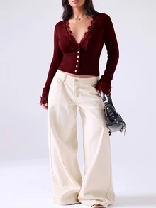LYSMO Burgundy Plus Size Women Autumn/Winter Beige Long Sleeve Lace Patchwork Cardigan - Burgundy - View 3