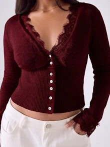 LYSMO Burgundy Plus Size Women Autumn/Winter Beige Long Sleeve Lace Patchwork Cardigan - Burgundy - View 4