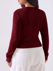 LYSMO Burgundy Plus Size Women Autumn/Winter Beige Long Sleeve Lace Patchwork Cardigan - Burgundy - View 6