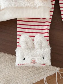 SHEIN 2pcs Baby Girls Rabbit Embroidery Hoodie Sweatshirt With Rabbit Ears Striped Pants Set Winter Cute - Multicolor - View 9