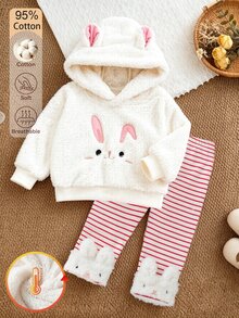 SHEIN 2pcs Baby Girls Rabbit Embroidery Hoodie Sweatshirt With Rabbit Ears Striped Pants Set Winter Cute - Multicolor - View 2