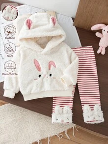 SHEIN 2pcs Baby Girls Rabbit Embroidery Hoodie Sweatshirt With Rabbit Ears Striped Pants Set Winter Cute - Multicolor - View 4