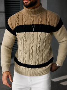 Manfinity Homme Men's Colorblock High Cable Neck Long Sleeve Casual Versatile Sweater Brown,Fall/Winter Comfortable For Daily Outings And Activities - Multicolor - View 3