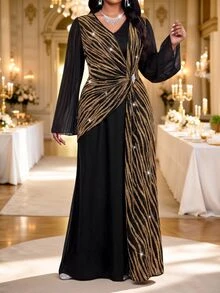 Fleurora Plus Size Elegant Luxury Rhinestone Decor V-Neck Dress Autumn Wedding Formal Dinner Black And Gold Sequin Dress - Black - View 4