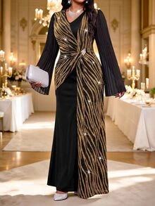 Fleurora Plus Size Elegant Luxury Rhinestone Decor V-Neck Dress Autumn Wedding Formal Dinner Black And Gold Sequin Dress - Black - View 3