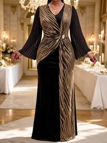 Fleurora Plus Size Elegant Luxury Rhinestone Decor V-Neck Dress Autumn Wedding Formal Dinner Black And Gold Sequin Dress - Black - View 5