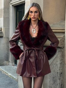 Aloruh Deep Purple Leather & Faux Fur Patchwork Autumn/Winter Jacket - Burgundy - View 4